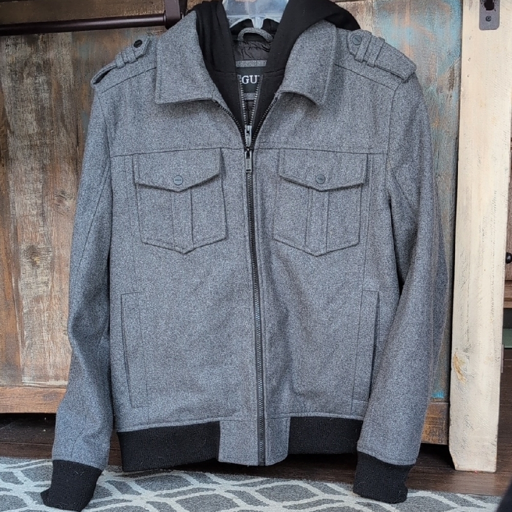 Guess Gray Wool Blend Zip Military Jacket Built In Black Zip Hoodie - Men's XL
